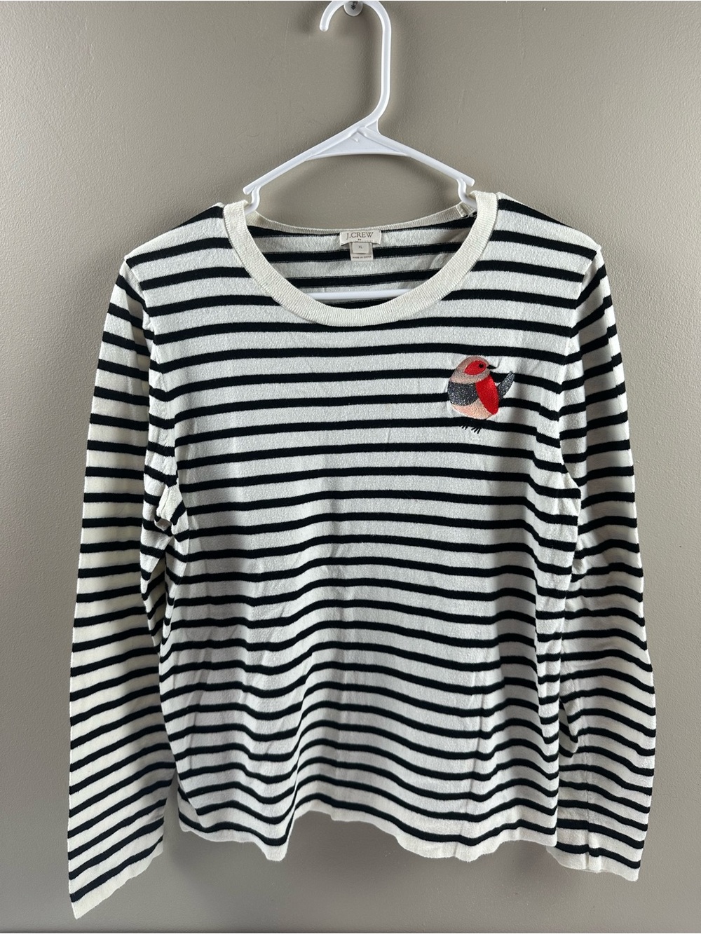 J. Crew Black & White Striped Crewneck Sweater with Red Bird Patch